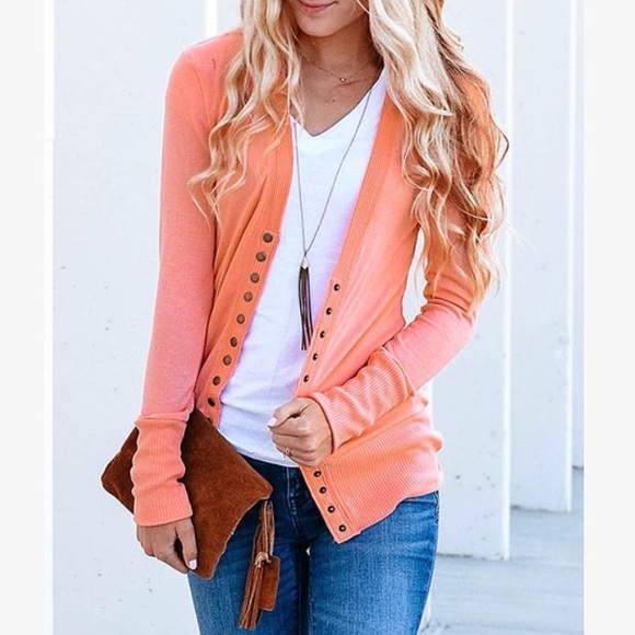Sweaters - Deep Coral Snap Button Cardigan Ribbed Sweater